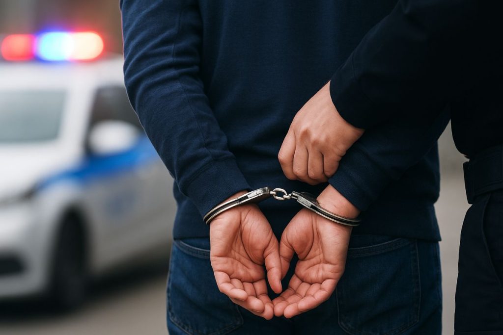 Policija stavlja lisice osobi, slika je AI generisana.